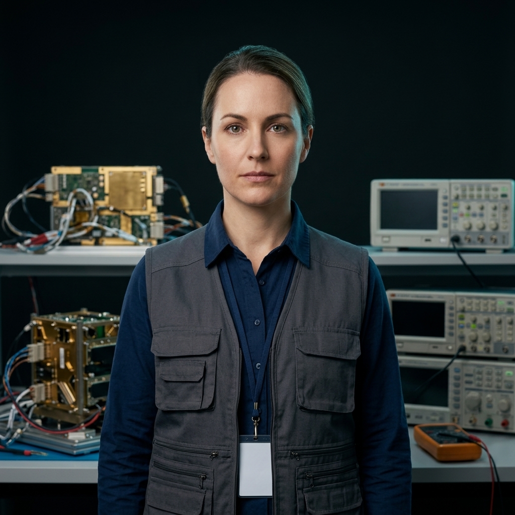 Dana Whitfield, systems engineer in Kestrel Orbital Satellite Design and Engineering, at her workbench.