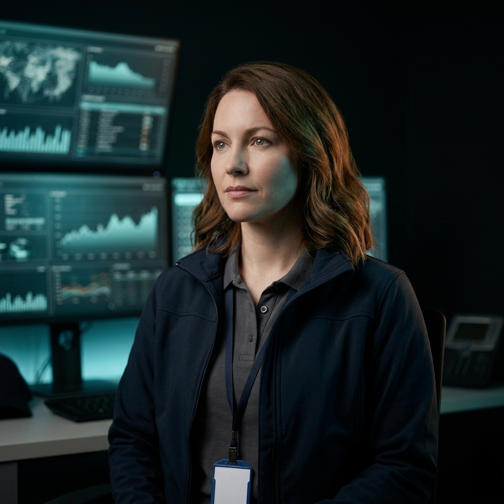 Maya Reyes, analyst lead in the Kestrel Orbital Security Operations Center, at her workstation.