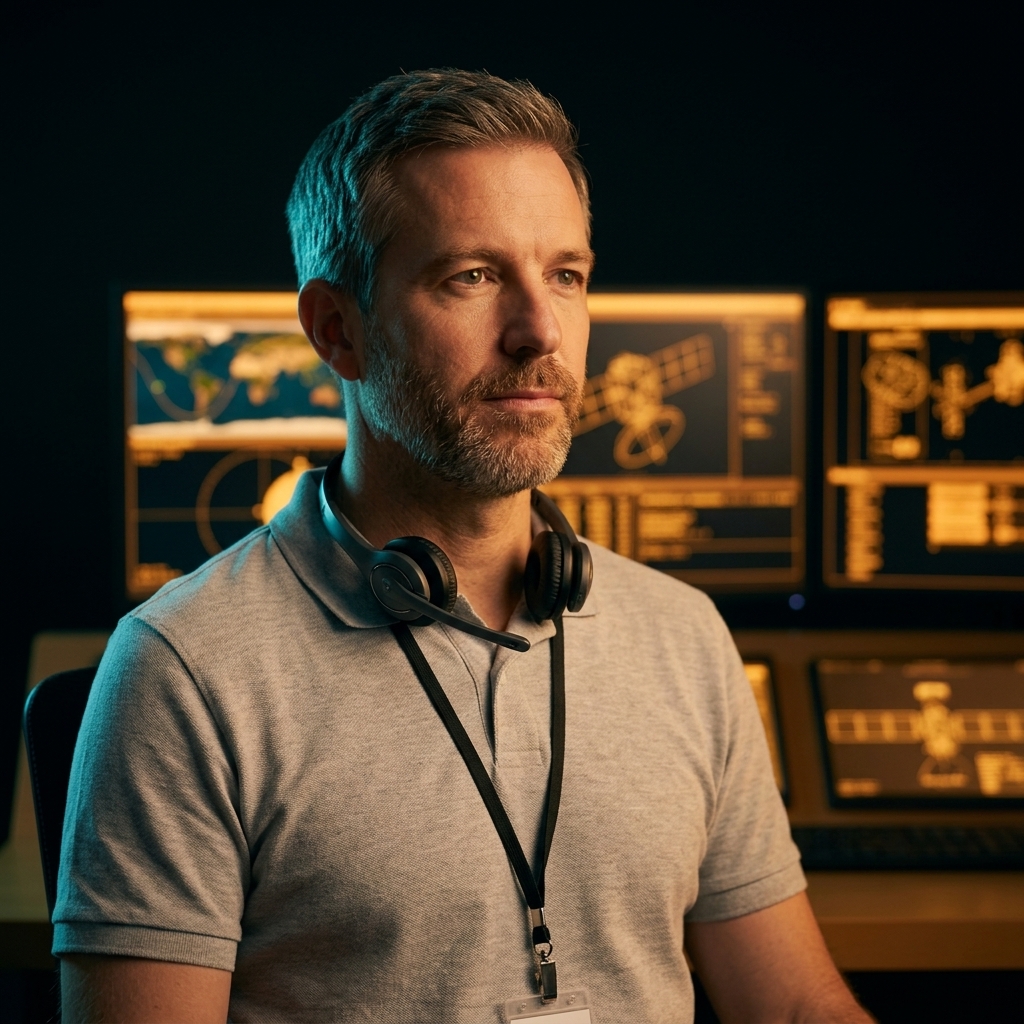 Theo Lindgren, senior controller in the Kestrel Orbital Satellite Operations Center, at his console.