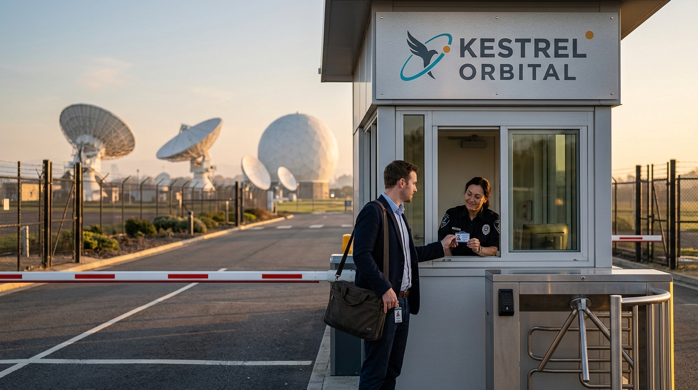 Your first morning on the job: at the Kestrel Orbital security gate at sunrise, you present your photo ID badge to the security officer at the gatehouse window. The gatehouse sign carries the Kestrel Orbital falcon-and-orbit emblem, and behind the fence line the campus holds large parabolic satellite antennas and a geodesic radome in morning haze.