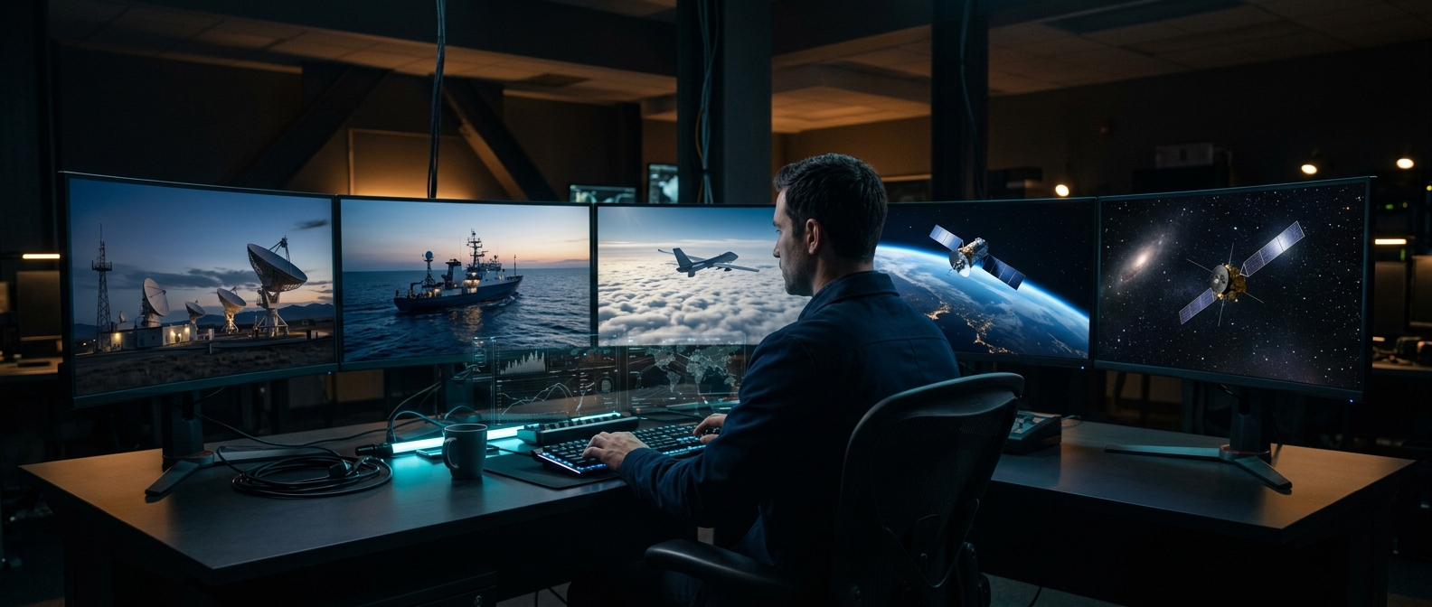 Full Spectrum Space Cybersecurity Professional at a security-operations workstation with multiple screens showing live operational views of all five environments: terrestrial ground station, aquatic tracking vessel, aerial high-altitude platform, orbital satellite, and deep-space probe
