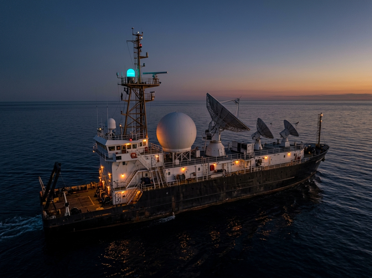 Aquatic operational regime: downrange telemetry tracking vessel at sea with radar dome and satellite tracking antennas