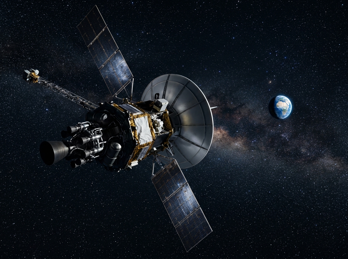 Deep-space operational regime: cislunar or interplanetary probe with high-gain dish pointed back toward distant Earth