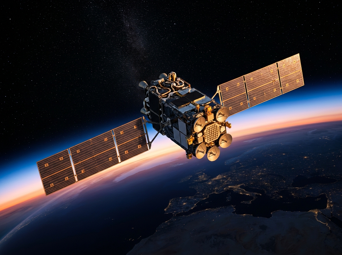 Orbital operational regime: LEO communications satellite over Earth at orbital sunset, solar arrays deployed