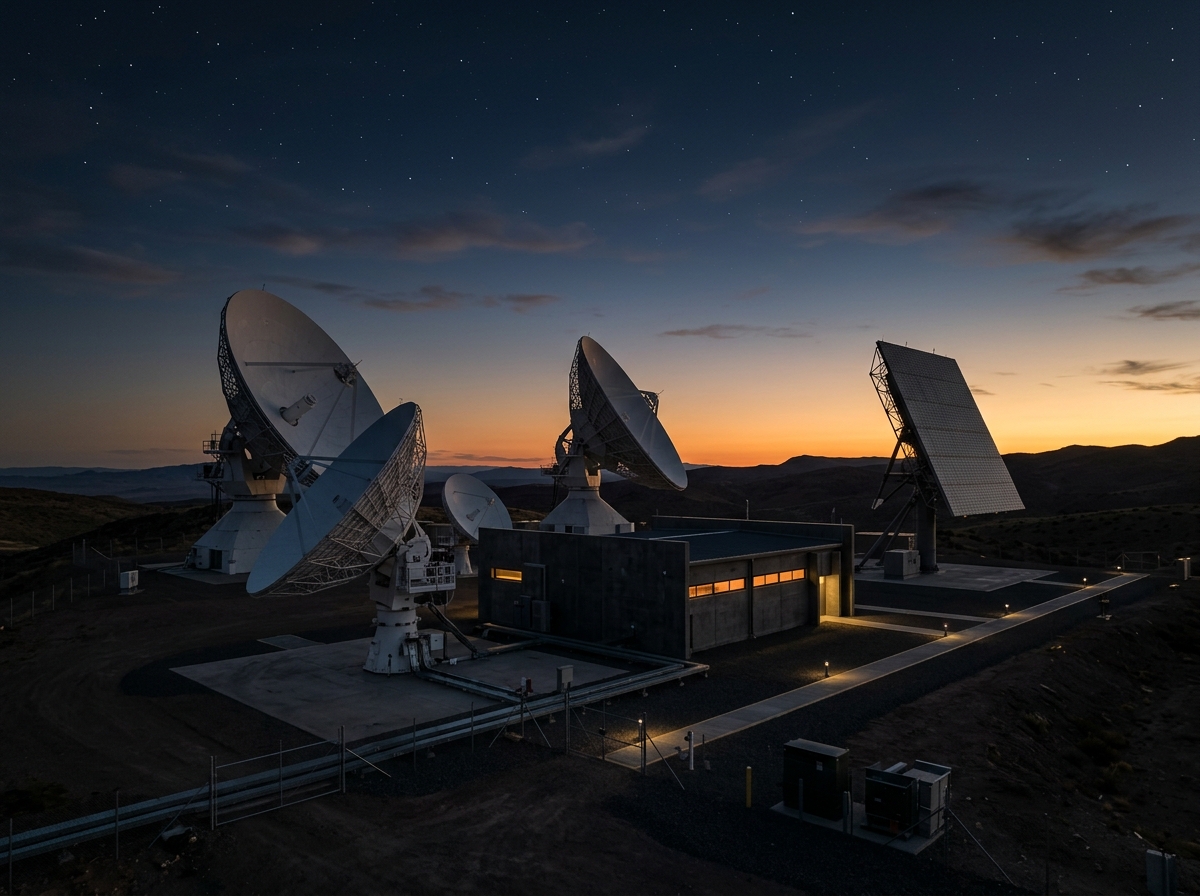 Terrestrial operational regime: ground-station facility with parabolic and phased-array antennas at dusk