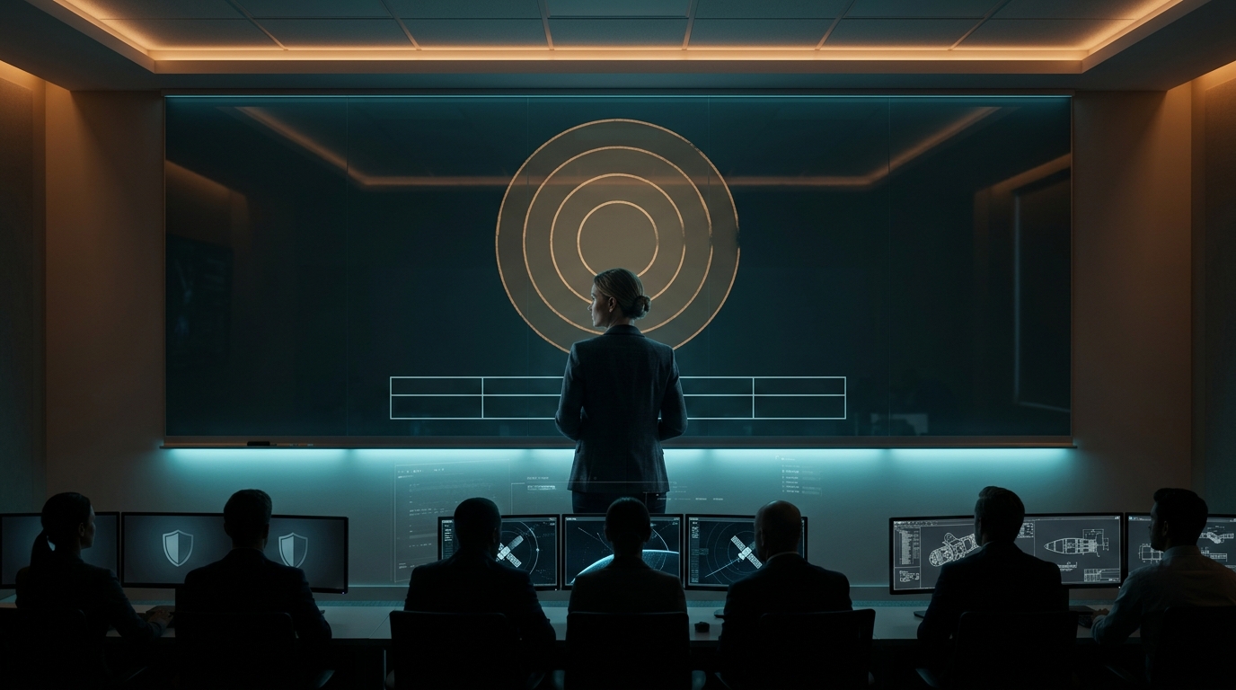 Full Spectrum Space Cybersecurity Professional standing in front of a board displaying the METEORSTORM common vocabulary, briefing three small audiences representing Security Operations, Satellite Operations, and Satellite Design and Engineering. The board shows the four nested decomposition layers (PCE, SEG, SVC, AST) and the canonical five-field ETEN form. Dark operations center setting with cyan task lighting on the board and amber ambient lighting on the room.