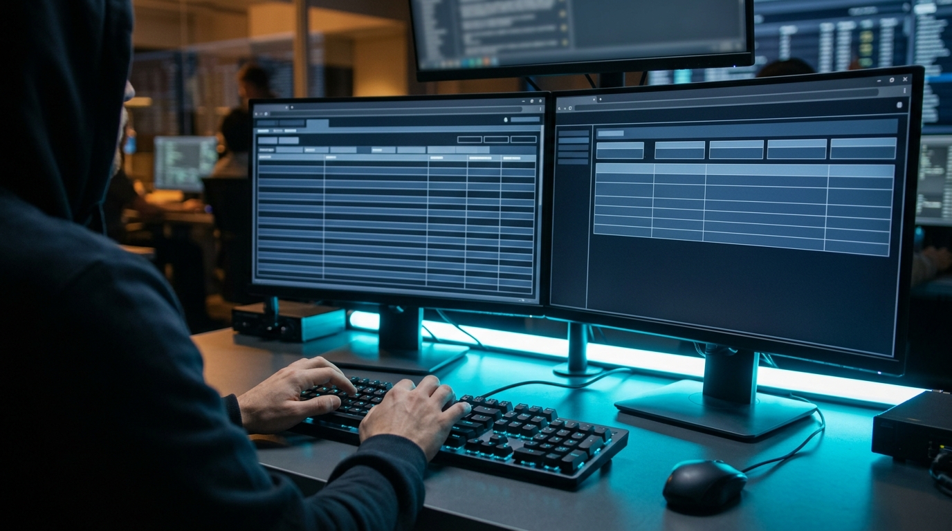 Hands-on work starting now: an analyst's hands hover above a mechanical keyboard at a workstation, two curved monitors show empty structured-form templates ready to be filled, cyan task lighting on the desk, amber ambient lighting from the room, sense of focused energy at the moment enumeration work begins
