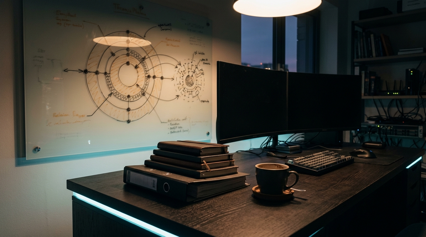 Knowledge work complete: closed notebooks and a finished cup of coffee on a dark workspace desk at dusk, faded whiteboard diagrams of nested layer rings in the background, dimmed monitors, sense of focused study concluded before the hands-on phase begins
