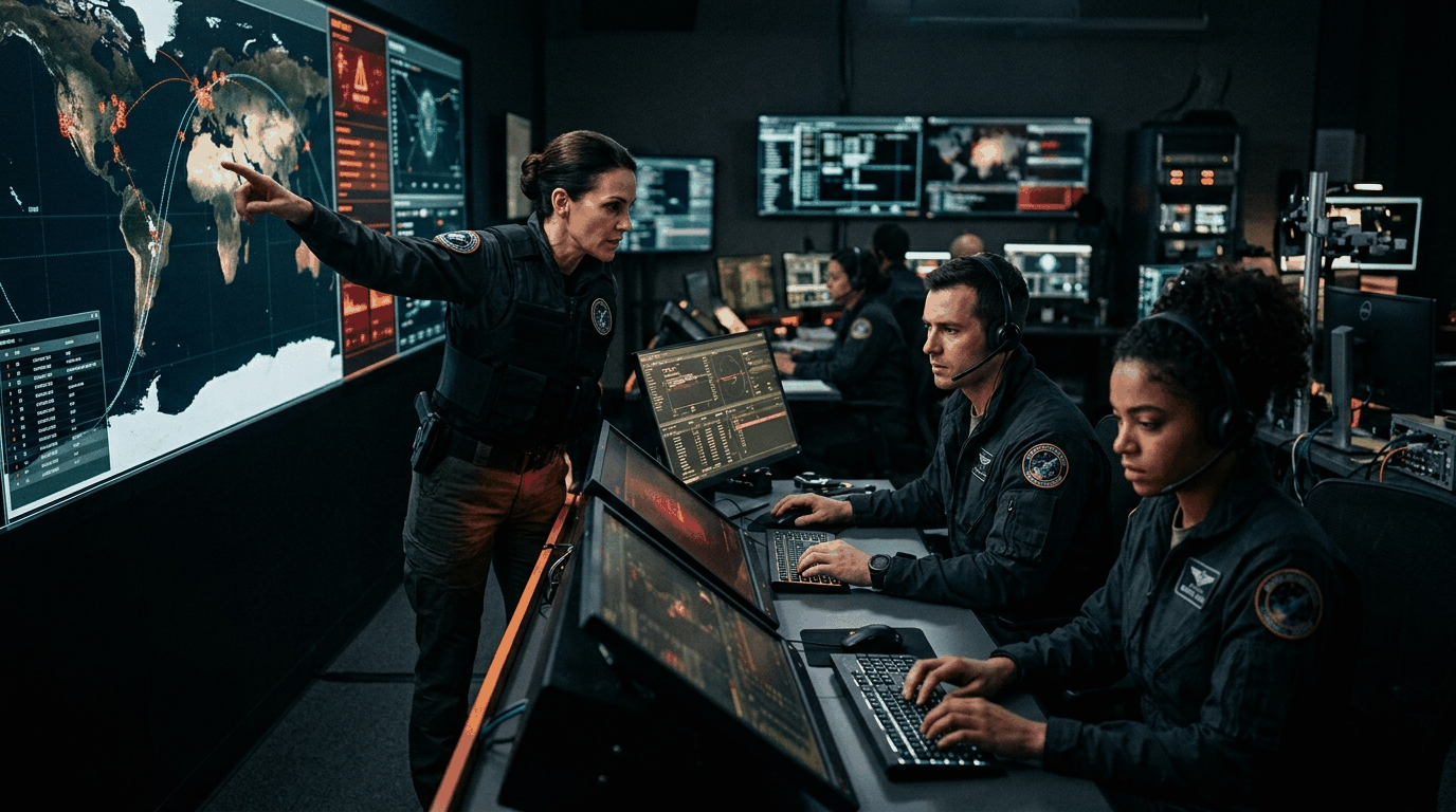 A mission lead pointing at a wall situational display while two operators in headsets execute commands at adjacent consoles during an active incident response