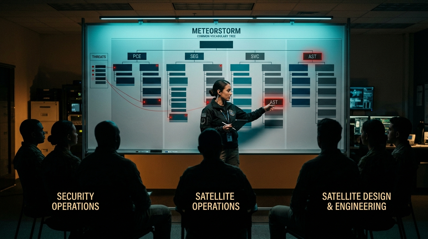 Full Spectrum Space Cybersecurity Professional standing in front of a board displaying the METEORSTORM common vocabulary with threat indicators overlaid on specific elements, briefing three audiences representing Security Operations, Satellite Operations, and Satellite Design and Engineering. Red threat markers anchored to specific decomposed elements show that the threat picture is grounded in the platform. Dark operations center setting with cyan task lighting on the board and warm amber ambient lighting on the room.