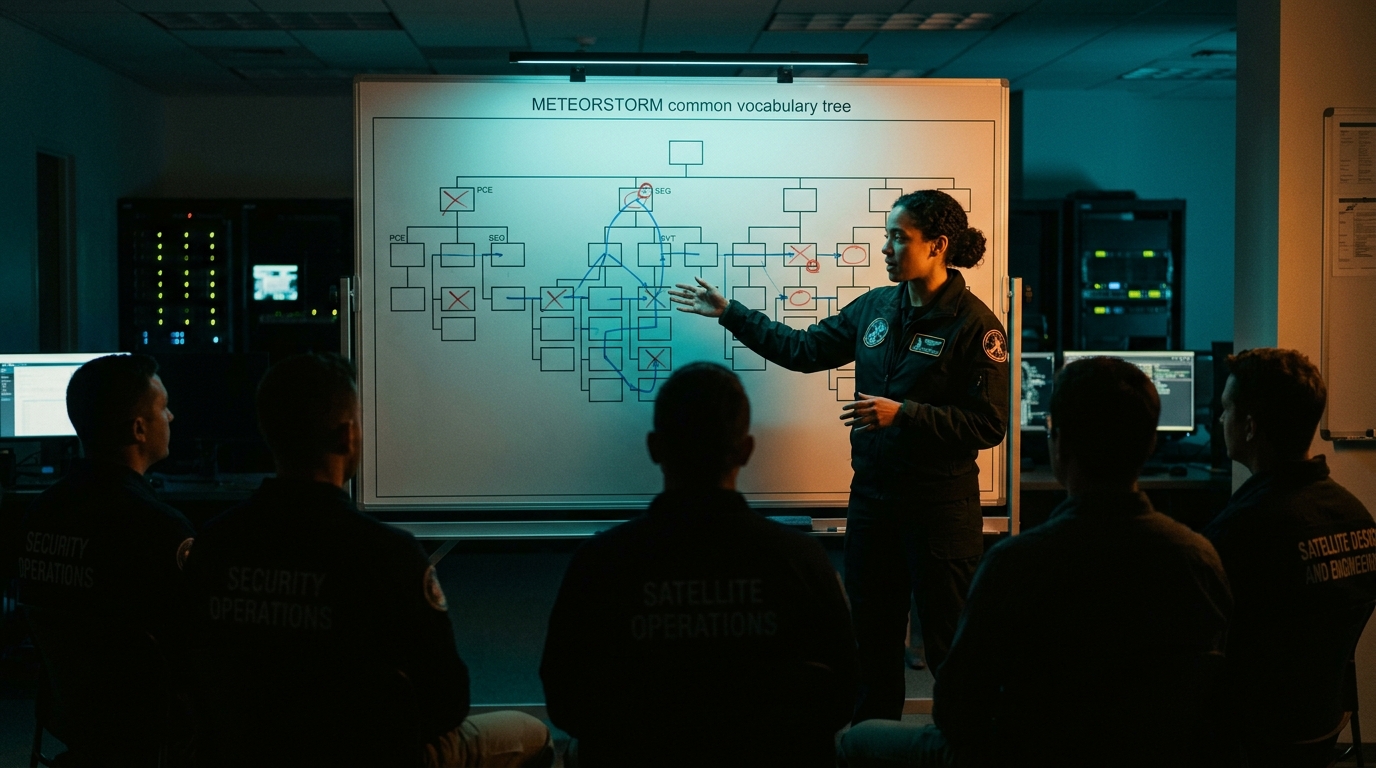 Full Spectrum Space Cybersecurity Professional briefing Security Operations, Satellite Operations, and Satellite Design and Engineering with the platform vocabulary on the wall, threat markers from yesterday still visible AND new blue attack-path traversal lines drawn through specific decomposed elements showing the chains an attacker would walk. Dark operations center setting with cyan task lighting on the board and warm amber ambient lighting.