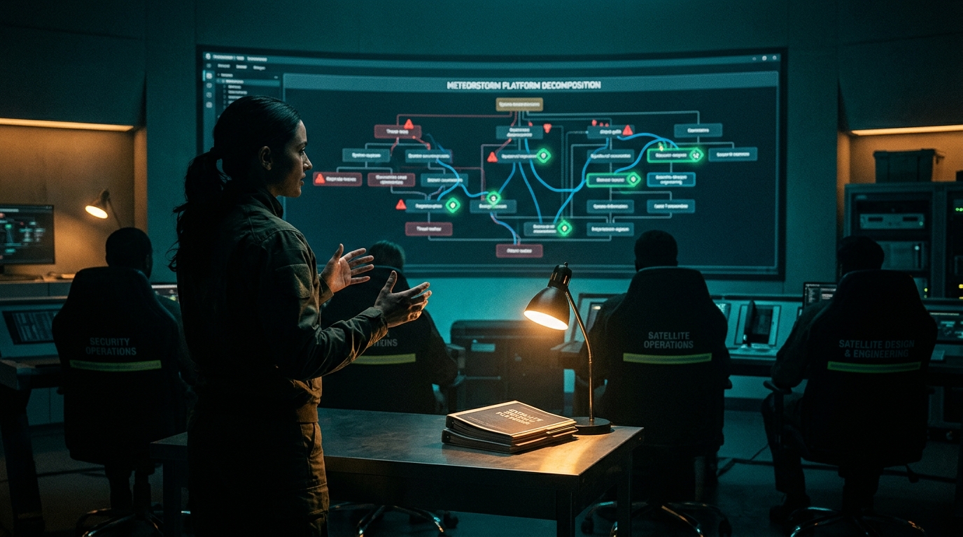 Full Spectrum Space Cybersecurity Professional briefing the same three departments with the same platform vocabulary on the wall, threat markers and attack-path lines from prior days still visible, with new green detection-signature badges overlaid on specific elements showing where Security Operations will observe the adversary, plus a small playbook stack icon on the table. Dark operations center setting.