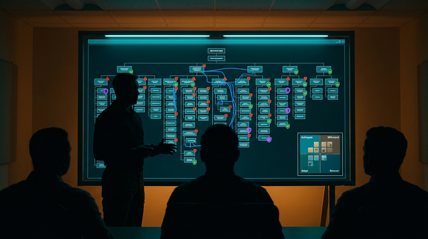 Full Spectrum Space Cybersecurity Professional briefing the same three departments with the same platform vocabulary on the wall, threat markers, attack-path lines, and detection badges all visible from prior days, with new purple resilience-measure shields overlaid on specific elements showing where the platform has been hardened. A four-quadrant resilience-objectives map (Anticipate, Withstand, Recover, Adapt) sits as a small inset on the lower-right of the board. Dark operations center setting.