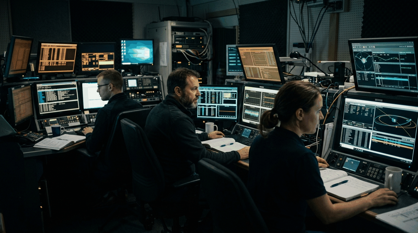 Mission operations team preparing at their consoles before the shift begins