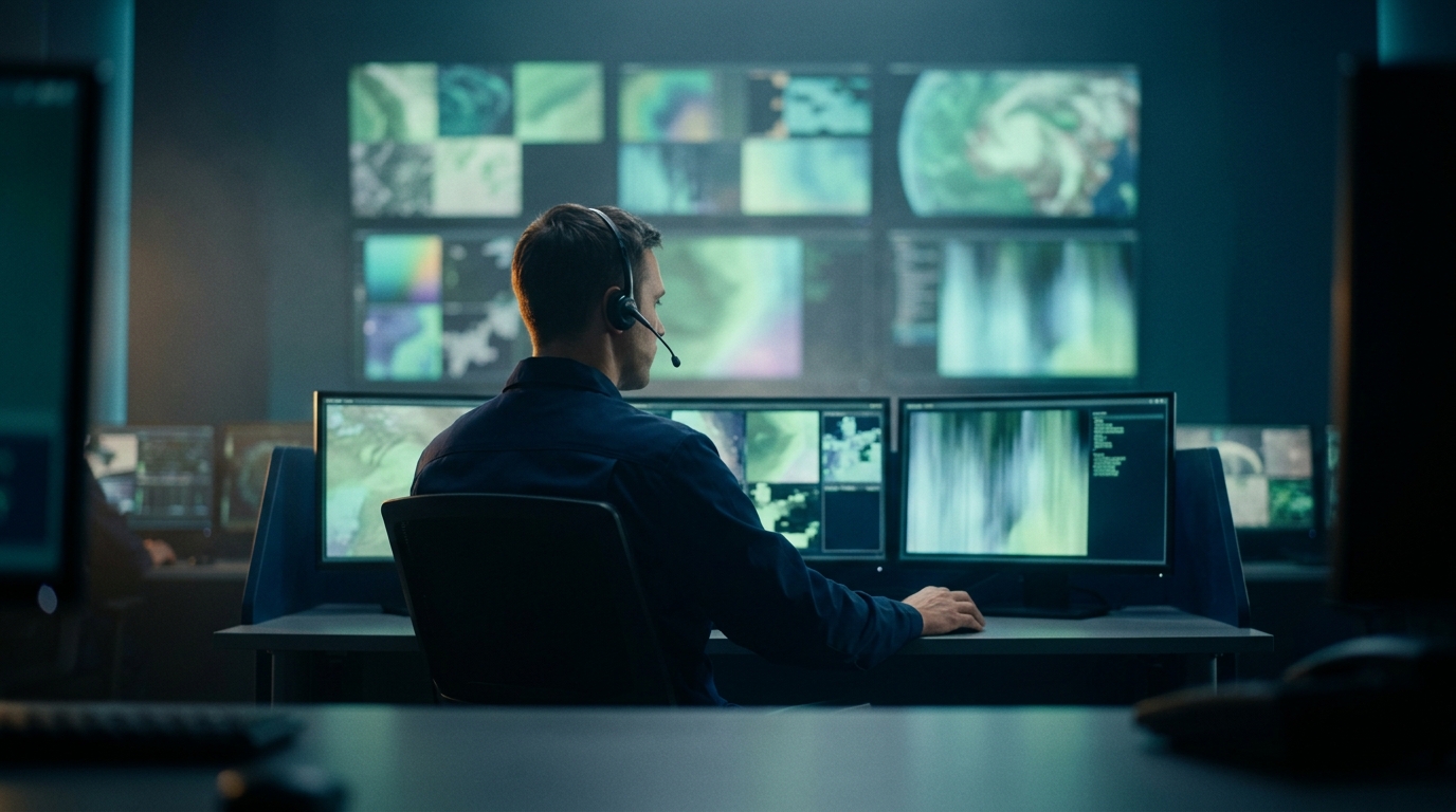 A payload operator at a console watching green earth-observation imagery and downlink displays