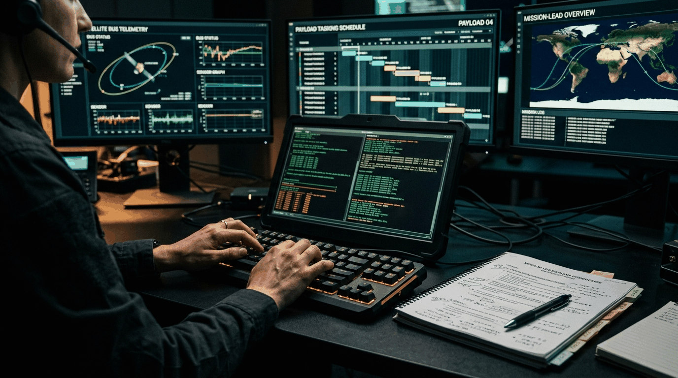 An operator documenting a role-specific procedure with three role-perspective monitors visible behind the workstation