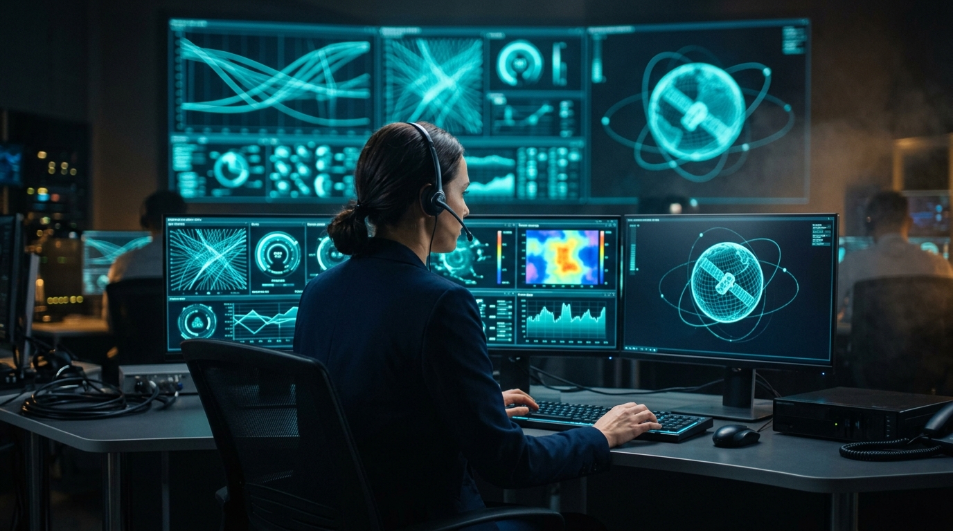 A satellite operator at a console watching cyan spacecraft-orbit and bus-health displays