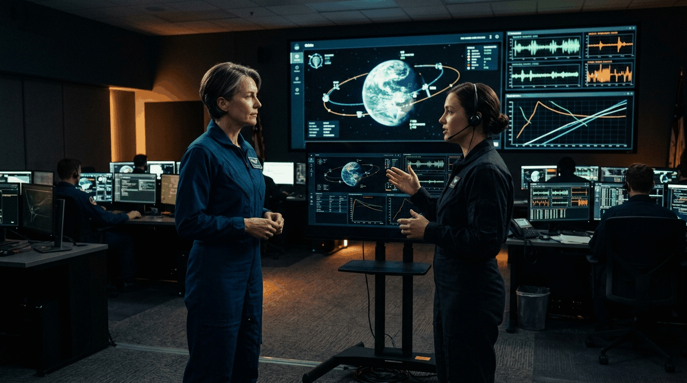 A mission leader receiving a nominal-operations briefing from an operator in front of a status board showing orbital tracks and telemetry waveforms