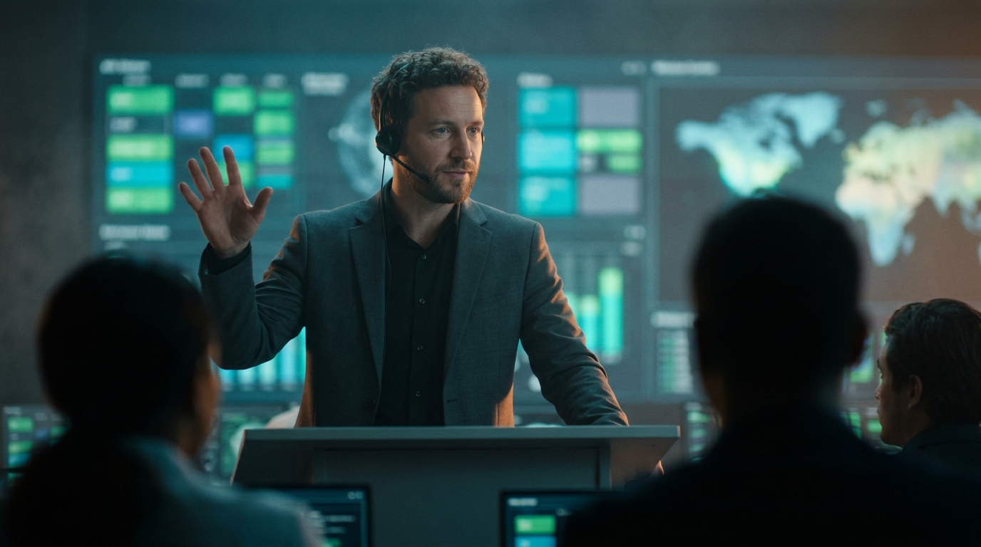 A mission lead standing at a supervisory console directing the team, with overview screens behind