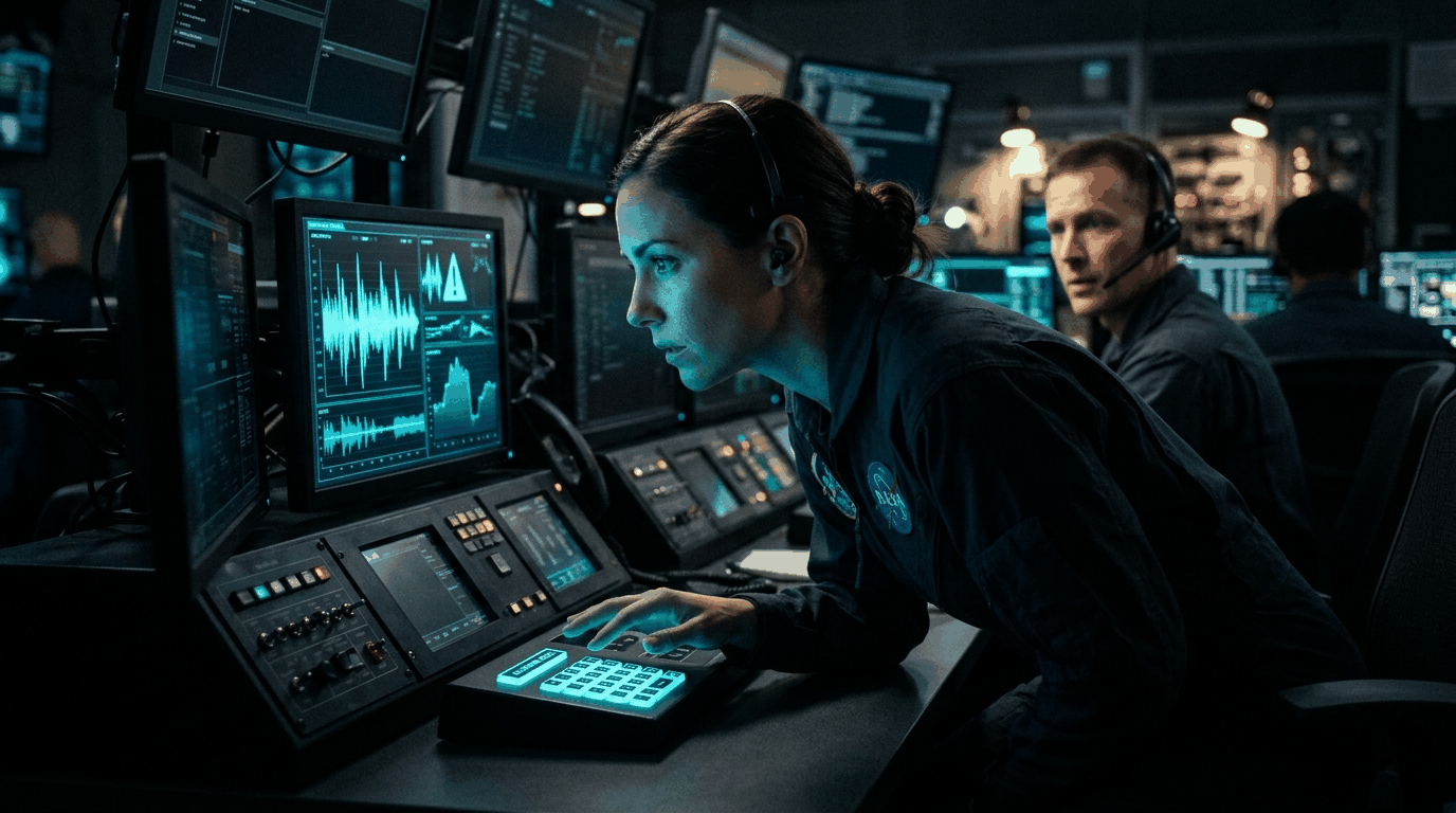 A space-operations analyst leaning toward a console showing an anomalous telemetry waveform, hand poised above an acknowledge keypad, a second operator turning toward the alert