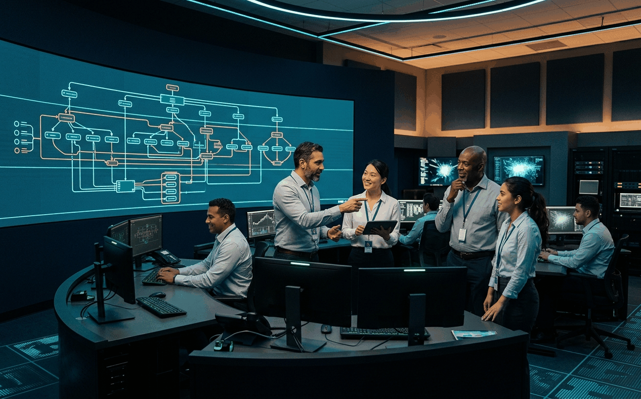 Solution: unified ops center using one shared structural vocabulary, parent-child layers visible on every workstation