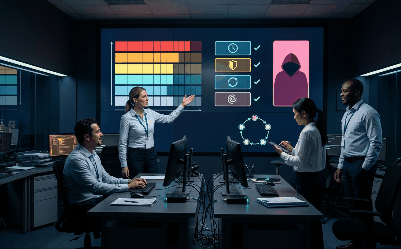 Solution: closed framework loop with structural-exposure heat map, adversary profiles, and resilience measures across SOC, SatOps, SatDev-Eng