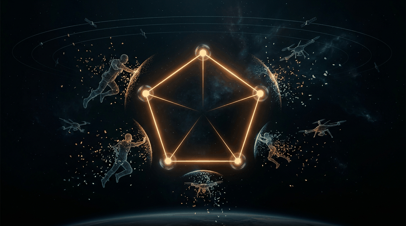 Pentagon of Pain hero composition: a glowing amber pentagon hovering in deep space with five energy nodes at its vertices, deflecting wireframe adversary silhouettes that fragment into amber and cyan particles
