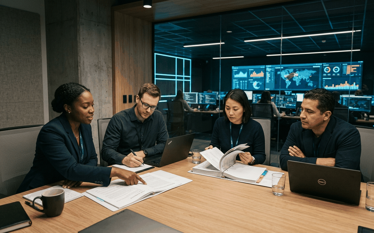 Diverse cyber threat intelligence team in a conference room reviewing policy, procedure, and PIR documents to validate the CTI foundation