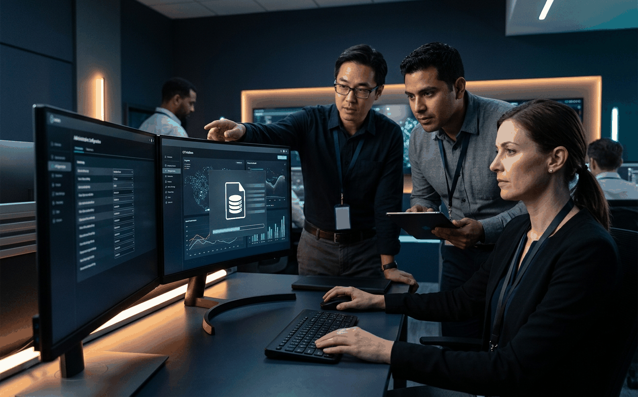 Diverse threat intelligence team activating the METEORSTORM taxonomy in their CTI platform, loading the vocabulary file with policy and procedure alignment