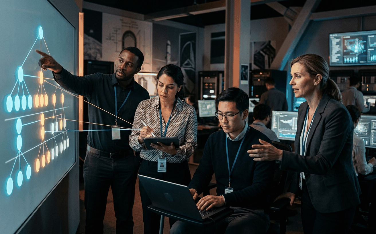 Diverse team of space systems engineers gathered around a four-layer hierarchical decomposition display, walking the platform through environments, segments, services, and assets tailored to the mission scope