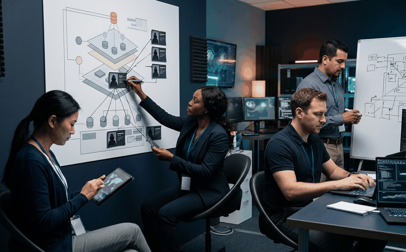 Diverse team of threat-modeling analysts pinning threat-actor profile cards onto a platform-decomposition diagram with connecting lines down to specific structural nodes