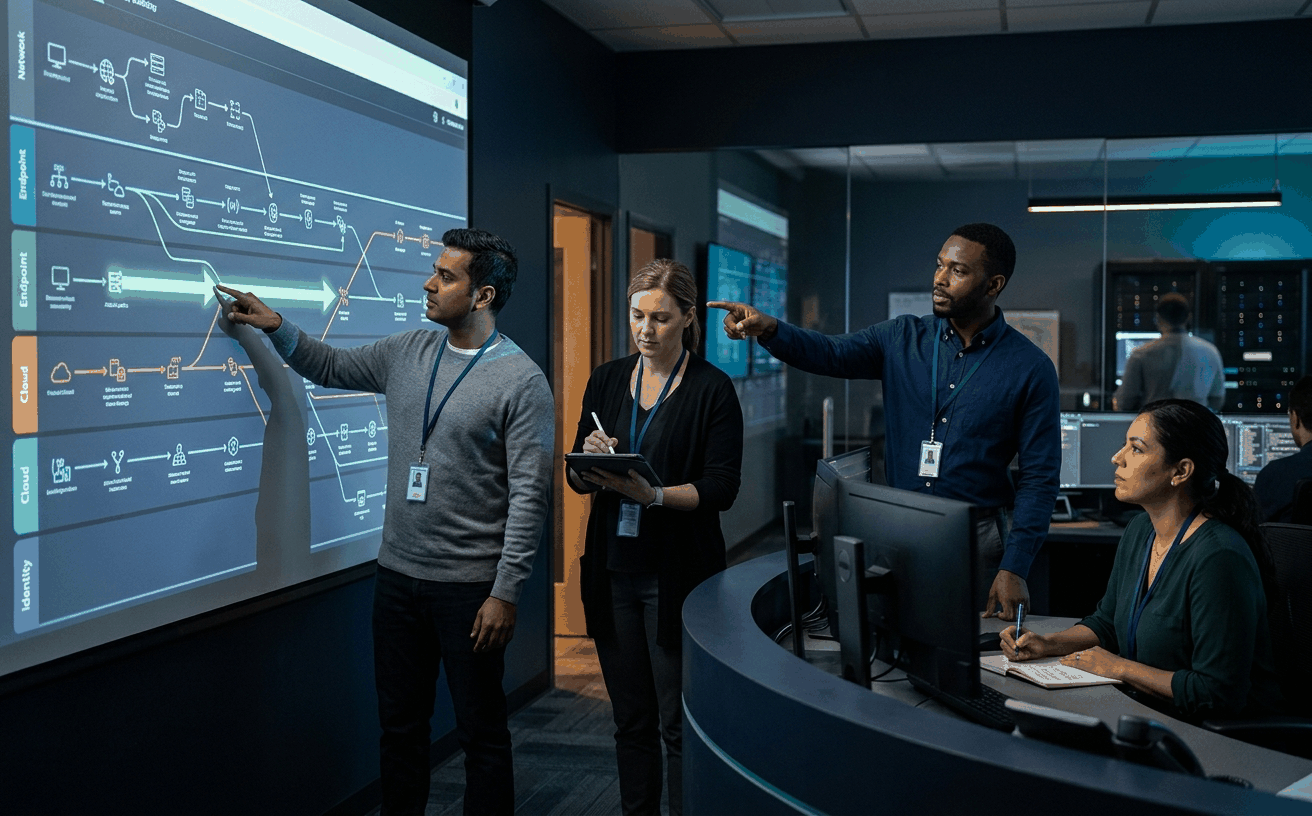 Diverse team of detection engineers tracing a green attack-path arrow across a four-lane horizontal platform diagram on a wall display, marking cross-domain transitions