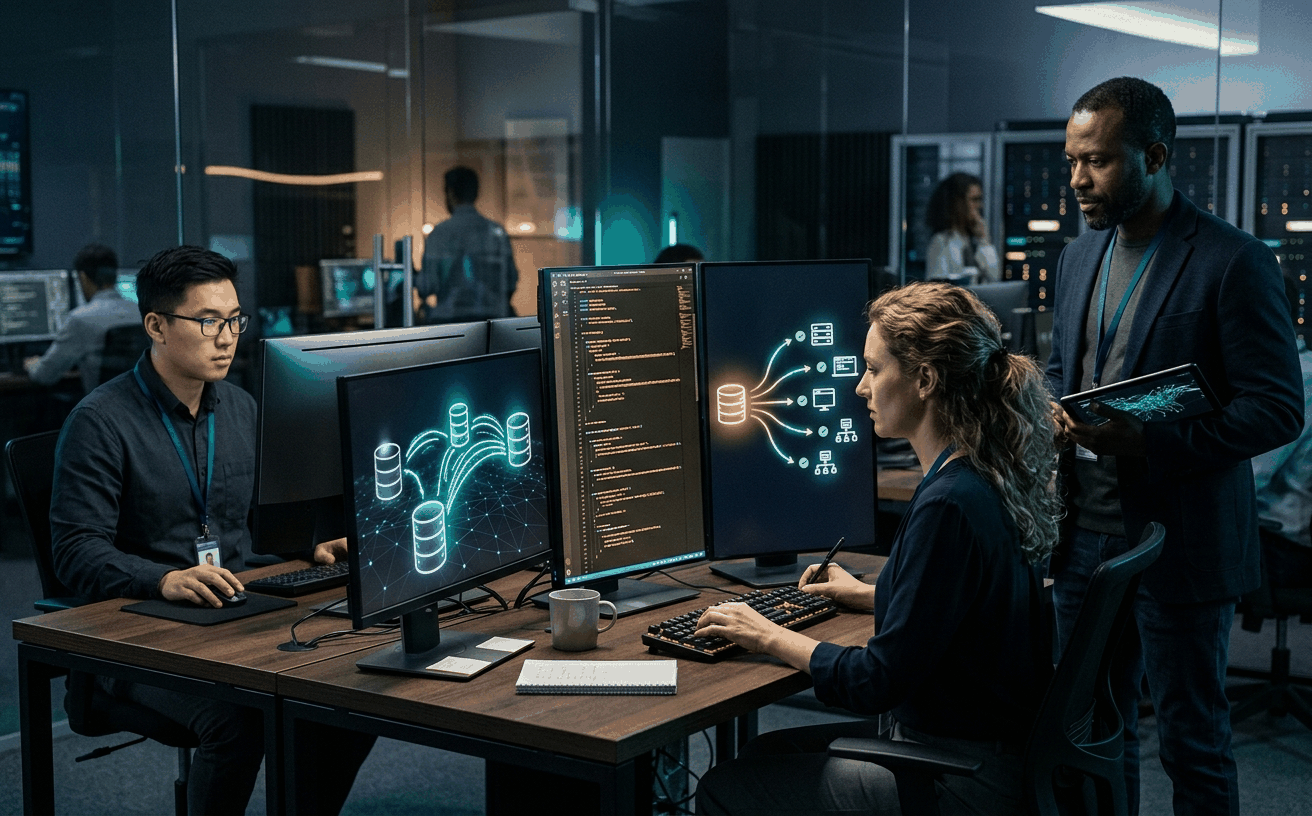 Diverse team of detection engineers building data-source catalogues and writing detection signatures, with the rule deploying to multiple platform target icons with green checkmarks