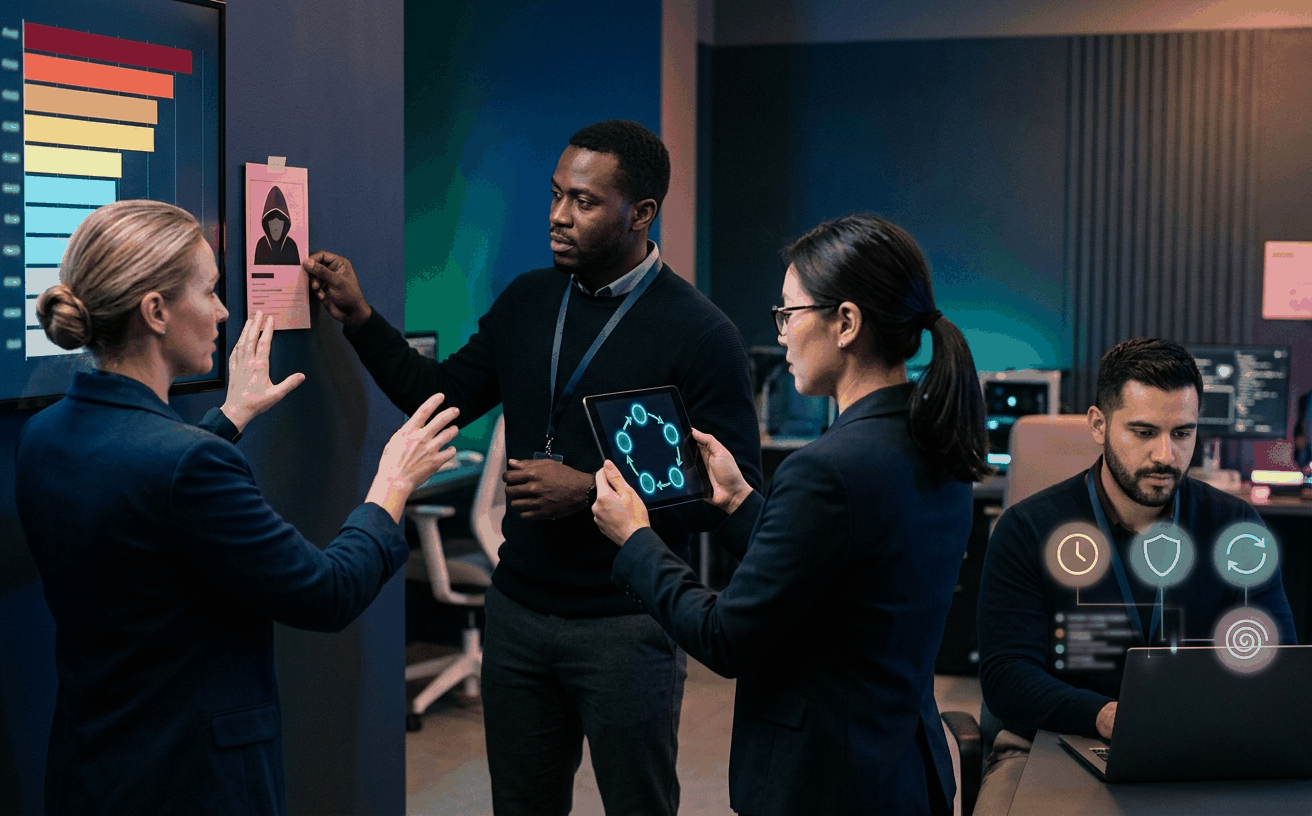 Diverse team reviewing a structural-exposure heat map, four resilience-goal icons, a closed framework loop diagram on tablet, and a pink adversary profile card with hooded silhouette