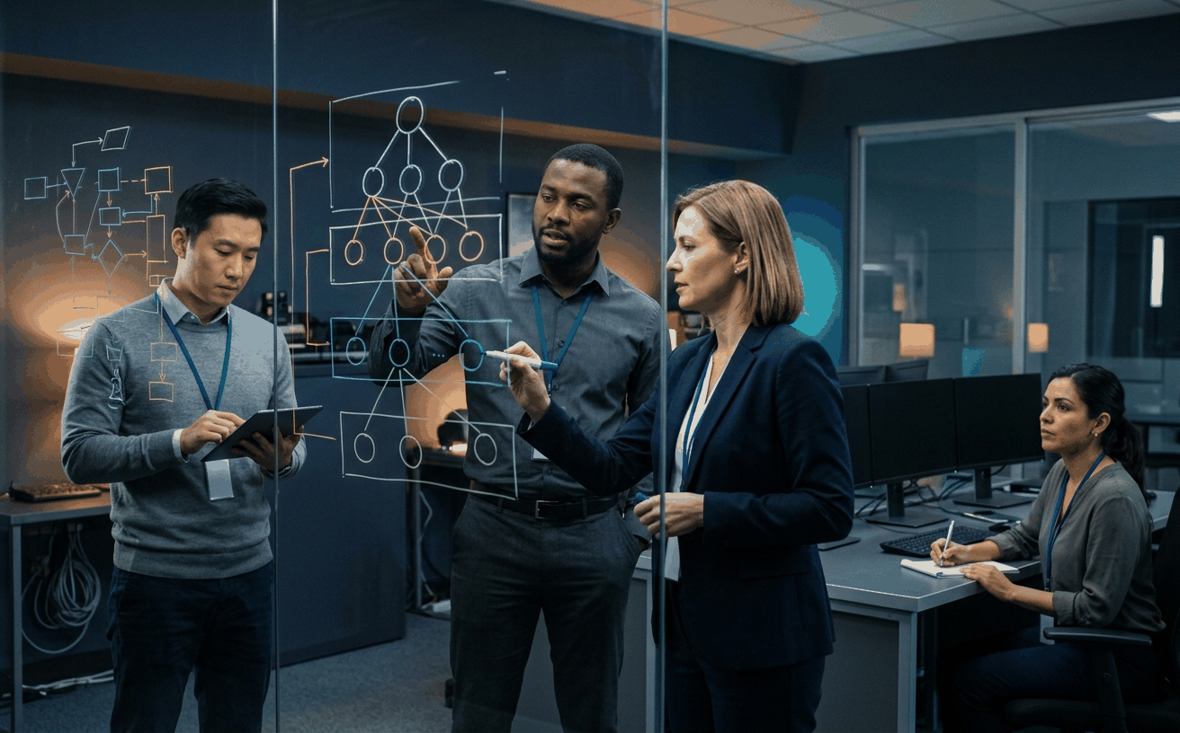 Diverse exercise design team walking the Concept of Operations platform-decomposition process on a glass whiteboard, drawing four-layer hierarchical nodes that the exercise will operate on