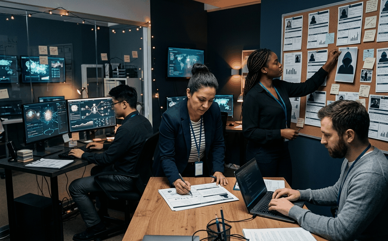 Diverse exercise design team building adversary profiles, pinning hooded silhouette adversary cards to a corkboard wall, reviewing threat intel feeds and structured profile sheets