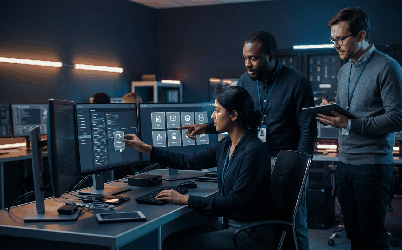 Diverse exercise design team configuring the analytic vocabulary in the CTI platform, dragging a structured-data file icon onto the platform interface and reviewing the six analytic-category icon grid