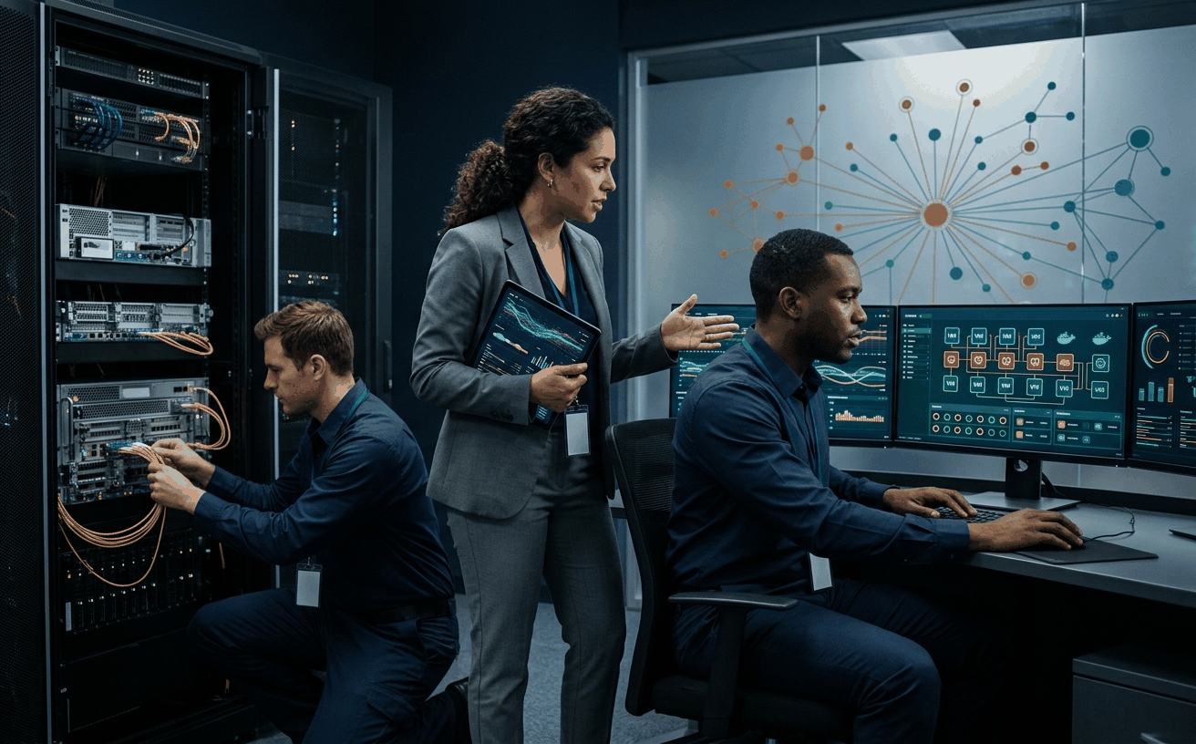 Diverse engineering team deploying an isolated exercise platform on virtual machines and containers, connecting hardware racks and configuring synthetic data and signal feeds