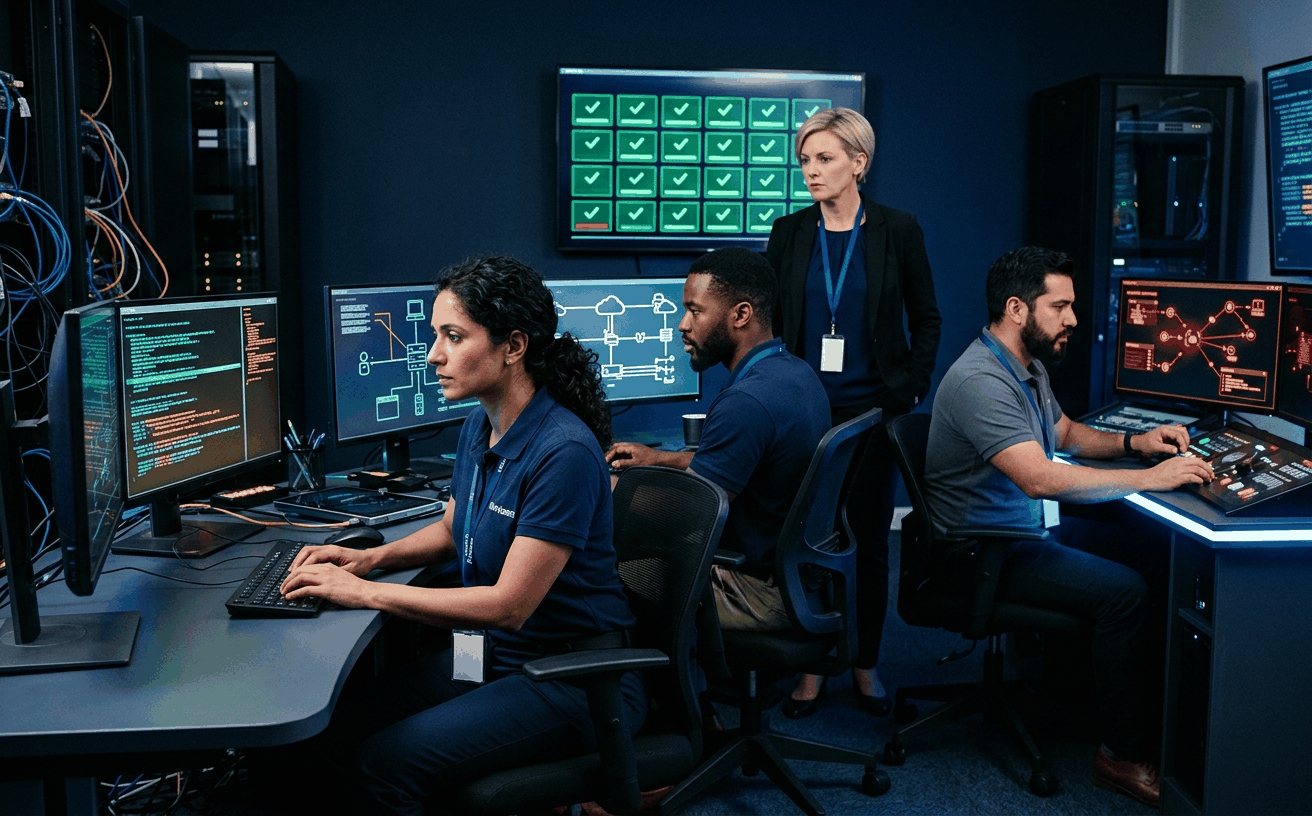 Diverse exercise team running an active red-team blue-team exercise session, with blue-team analysts writing detection rules and resilience measures while a controller observes the green-checkmark validation grid and a red-team driver pushes adversary inputs