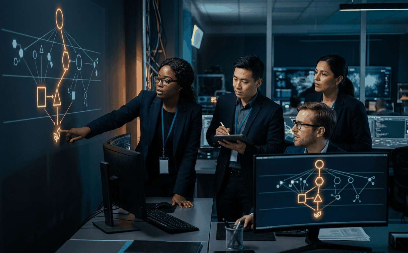 Diverse ops-center team tracing a finding from a leaf asset back through service, segment, and environment via parent-child links, with the trace mirrored on workstation monitors