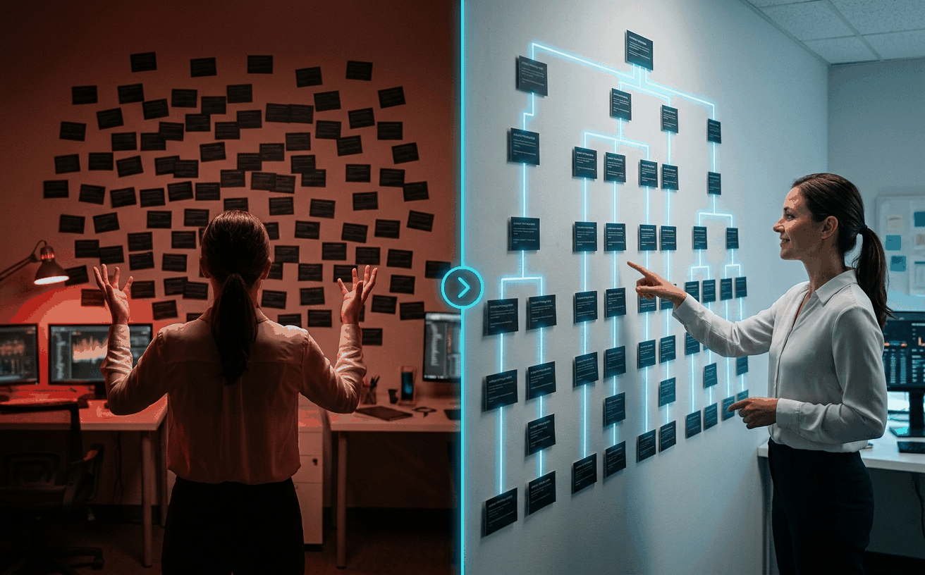 Before / after split-screen showing the impact of structural ontology on traceability: scattered disconnected finding cards on the left transition through a cyan divider to the same findings now organized into clear parent-child chains with bright connecting lines on the right