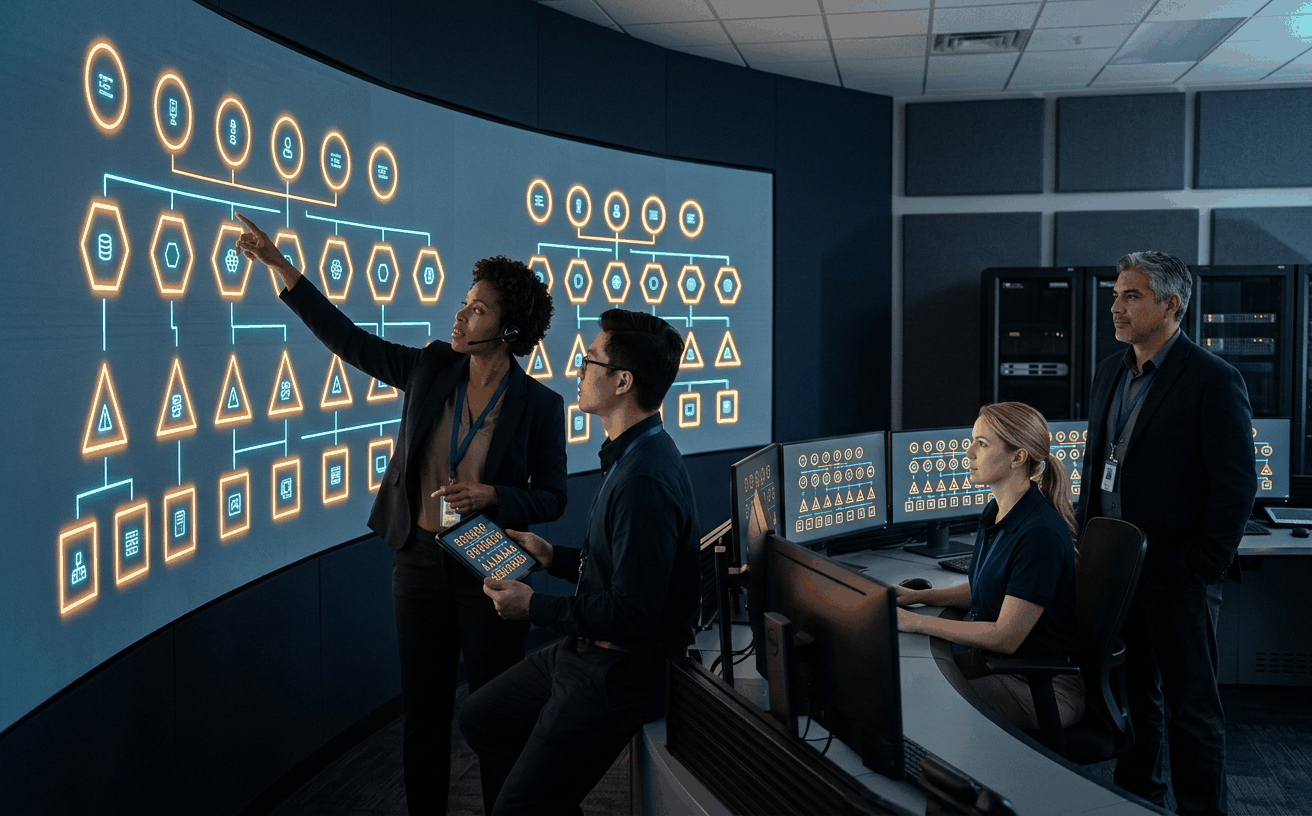 Diverse ops-center team all using the same shared structural vocabulary on a unified video wall, with the four-layer hierarchy mirrored on every workstation