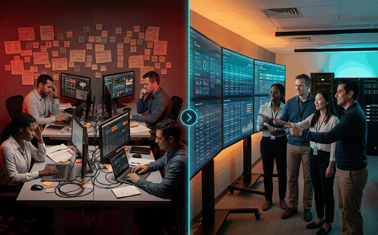 Before / after split-screen showing the impact of a shared taxonomy on a space-cybersecurity team: chaotic mismatched labels and confused analysts on the left transition through a glowing cyan divider to a unified team using one shared vocabulary on the right