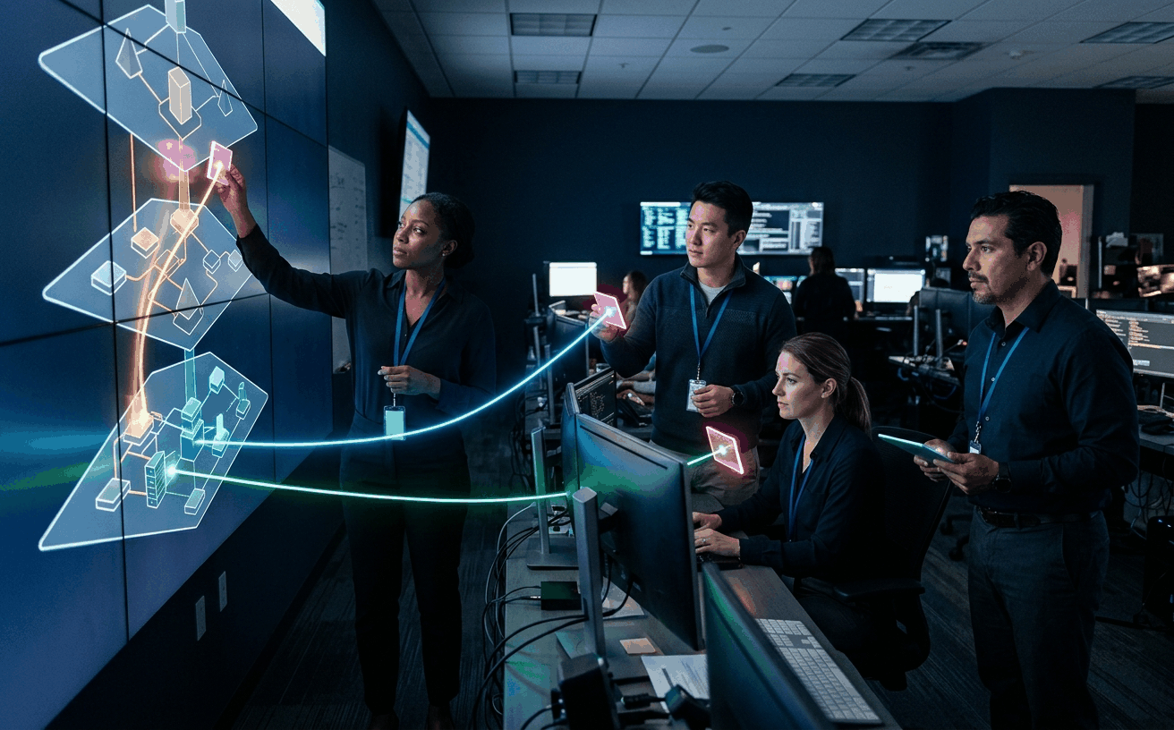 Diverse ops-center team anchoring pink-magenta finding cards to specific structural nodes via three different colored target-field connector lines (amber for exploitation target, cyan for detection target, green for resilience target)