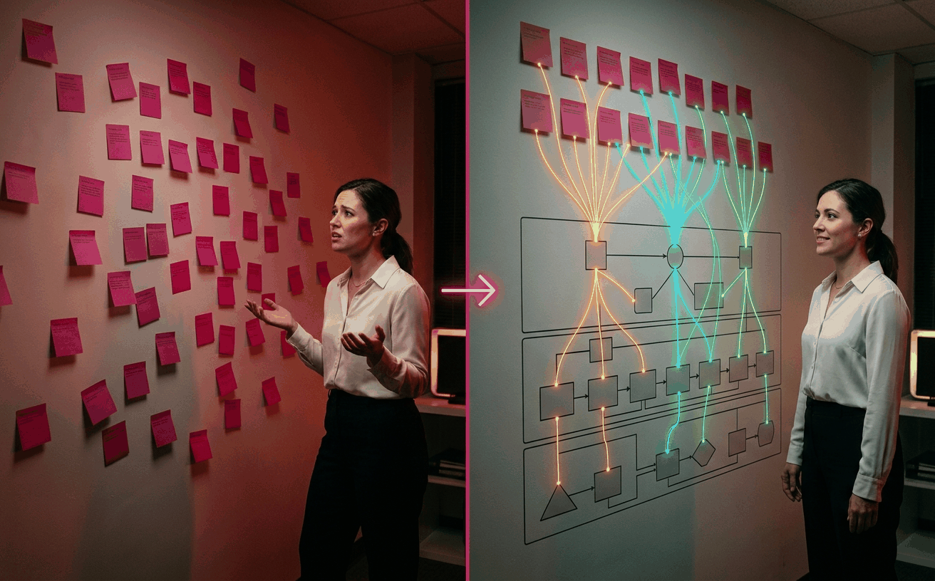 Before / after split-screen showing the impact of analytic ontology: pink-magenta finding cards floating disconnected on the left transition to the same findings now anchored by three colored target-field connector lines (amber, cyan, green) down to specific structural nodes on the right