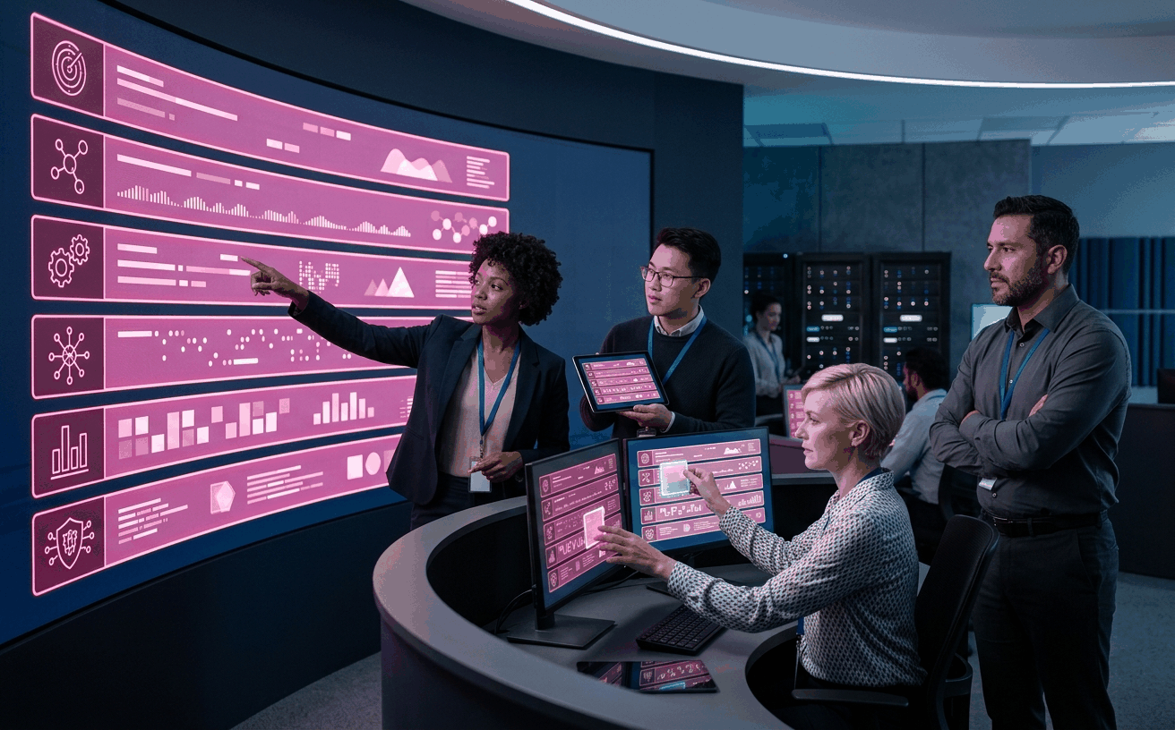 Diverse ops-center team using the same shared six-category analytic vocabulary on a unified video wall with six pink-magenta horizontal category lanes mirrored on every workstation