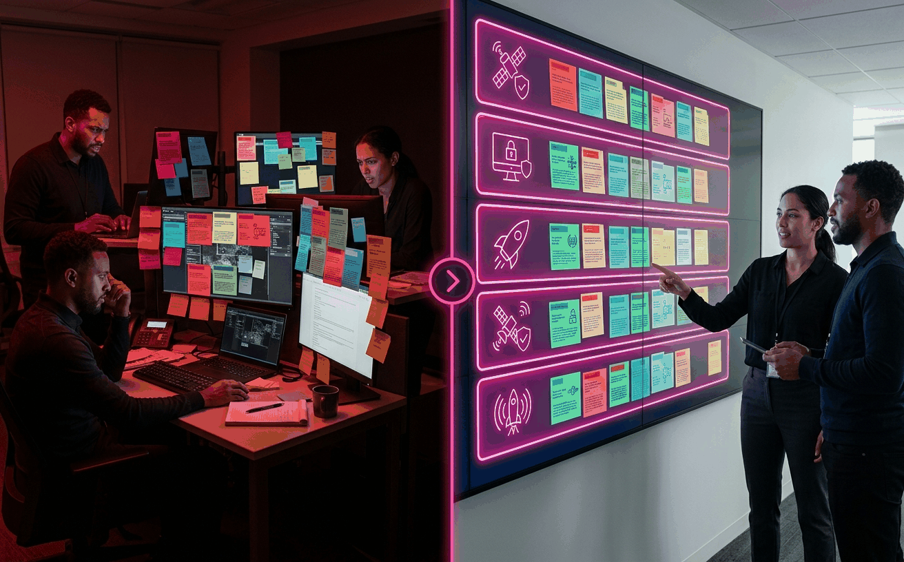 Before / after split-screen showing the impact of a shared analytic taxonomy: chaotic mismatched finding labels and frustrated analysts on the left transition to a unified team using six clean glowing pink-magenta category bands on the right